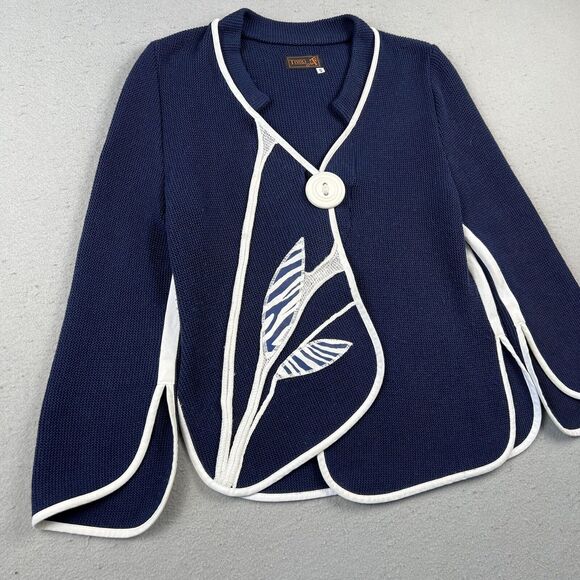 Tivoli Knit Jacket Women’s Small‎ Blue White Asymmetrical Floral Button V Neck - Picture 5 of 16